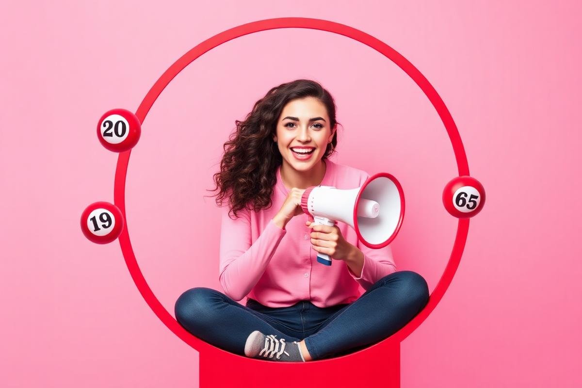 Happy woman celebrating with lottery balls